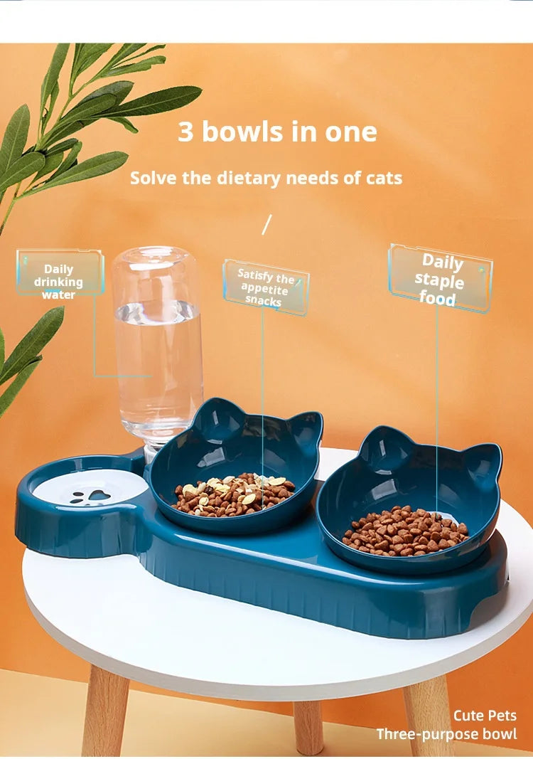 Pet Bowls With Water Feeder, Ear Design Tilted Cat Water And Food Bowl Set